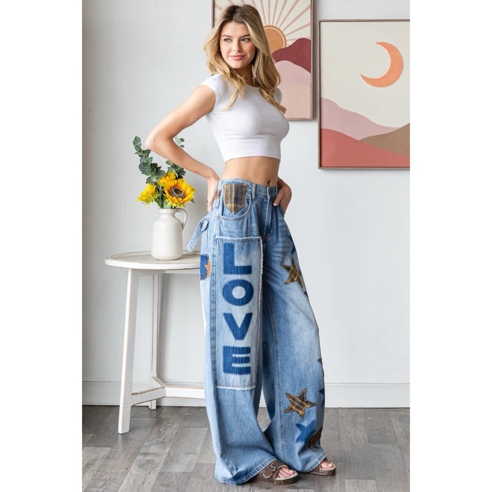 Oli & Hali Washed Star Love Patchwork Jeans with Plaid - Picture 3 of 8